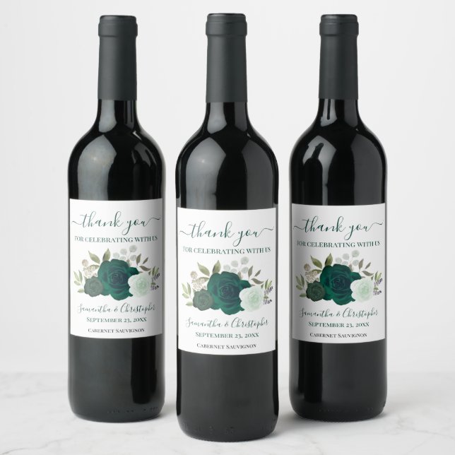 Étiquette Pour Bouteilles De Vin Emerald Green Floral Élégant Merci de mariage (Bouteilles)