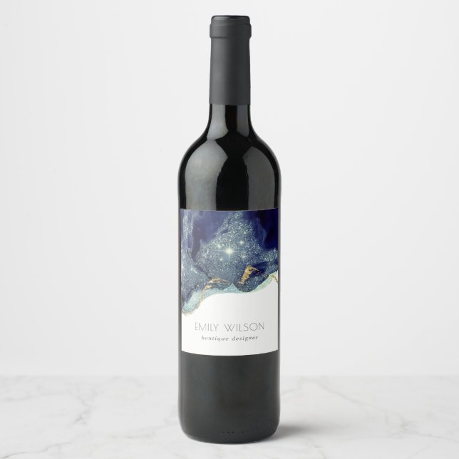 Étiquette Pour Bouteilles De Vin Encre alcoolique argentée bleu marine pailletée (Devant)