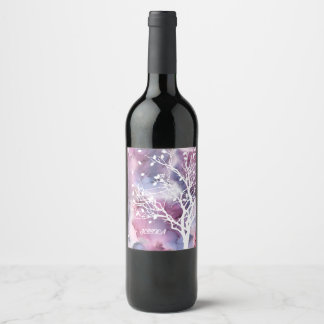 Étiquette Pour Bouteilles De Vin Encre rose et violet et silhouette d'arbre blanc