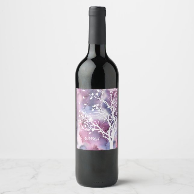 Étiquette Pour Bouteilles De Vin Encre rose et violet et silhouette d'arbre blanc (Devant)