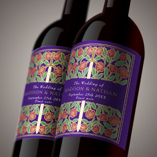 Étiquette Pour Bouteilles De Vin Épée florale médiévale royale or violet Mariage