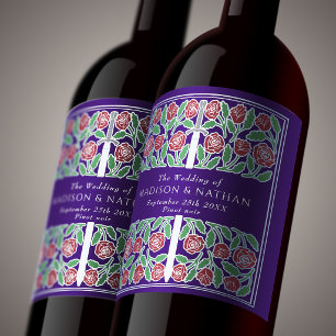 Étiquette Pour Bouteilles De Vin Épée florale médiévale royale violet argent Mariag