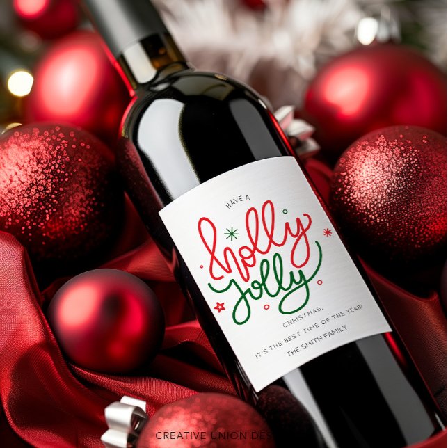 Étiquette Pour Bouteilles De Vin Étiquette cadeau de Noël Holly Jolly personnalisé (Créateur téléchargé)