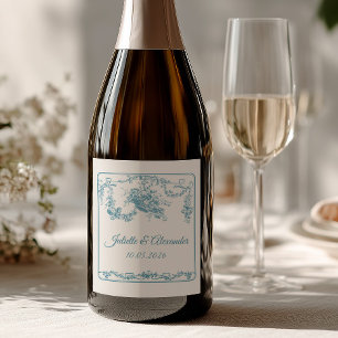Étiquette Pour Bouteilles De Vin Étiquette de bouteille de mariage Toile de Jouy Bl