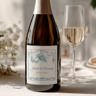 Étiquette Pour Bouteilles De Vin Étiquette de bouteille de mariage Toile de Jouy Bl
