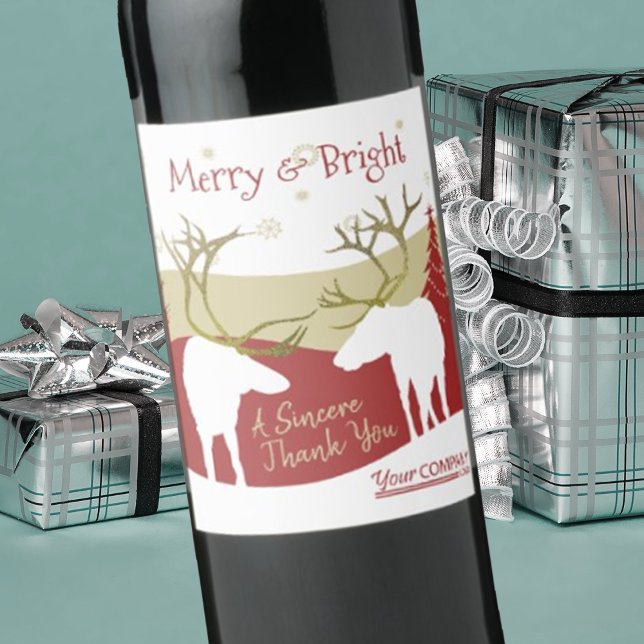Étiquette Pour Bouteilles De Vin Étiquette de bouteille de vacances Burgundy Merry  (company Christmas logo wine labels, corporate holiday stickers, rustic elk antlers red burgundy gold)