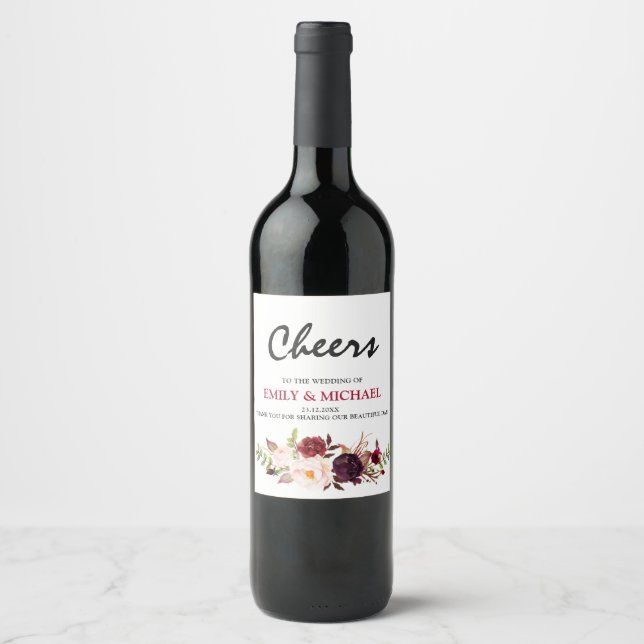 Étiquette Pour Bouteilles De Vin Étiquette de mariage de Boho Rustique Rouge Bourgo (Devant)