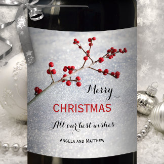 Étiquette Pour Bouteilles De Vin Étiquette de Noël des baies rouges de neige mousse