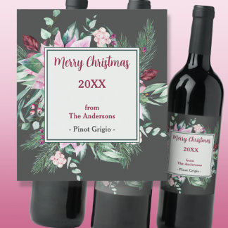 Étiquette Pour Bouteilles De Vin Étiquette de Noël rose floral et charbon de bois