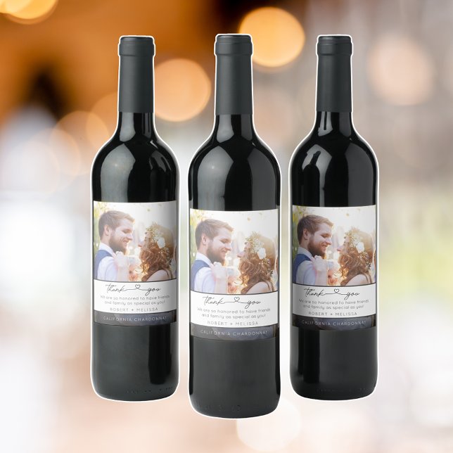 Étiquette Pour Bouteilles De Vin Étiquette de remerciement de photo de mariage pour (Wedding Photo Script Thank You Favor Wine Label)