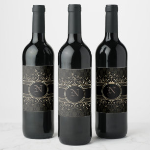 Étiquette Pour Bouteilles De Vin Étiquette de vin à monogramme gothique orné noir e
