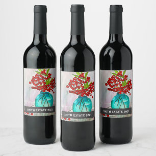Étiquette Pour Bouteilles De Vin Étiquette de vin d'art d'aquarelle de baies rouges