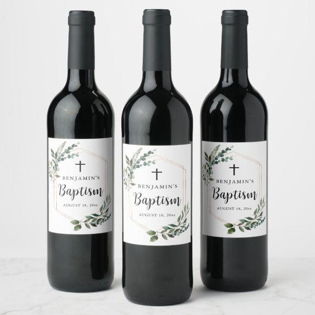 Étiquette Pour Bouteilles De Vin Étiquette de vin de baptême croix dorée feuillage  (Bouteilles)