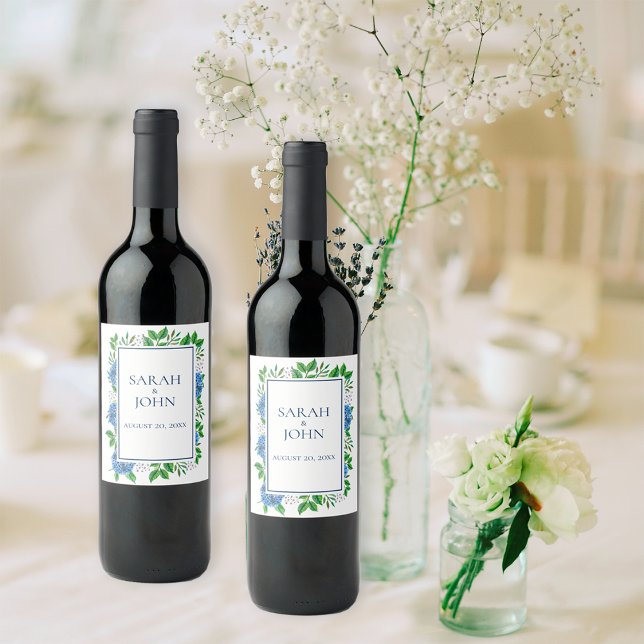 Étiquette Pour Bouteilles De Vin Étiquette de vin de mariage à l'aquarelle Hydrange (Créateur téléchargé)
