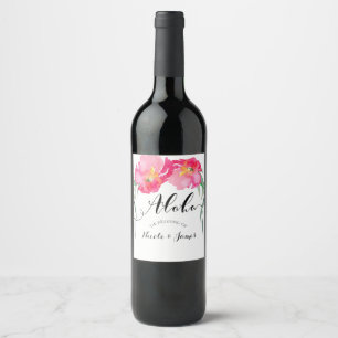 Étiquette Pour Bouteilles De Vin Étiquette de vin de mariage aloha floral à feuille