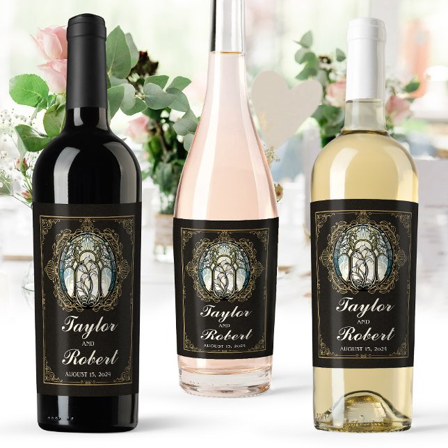 Étiquette Pour Bouteilles De Vin Étiquette de vin de mariage Art nouveau Vitrail (Créateur téléchargé)