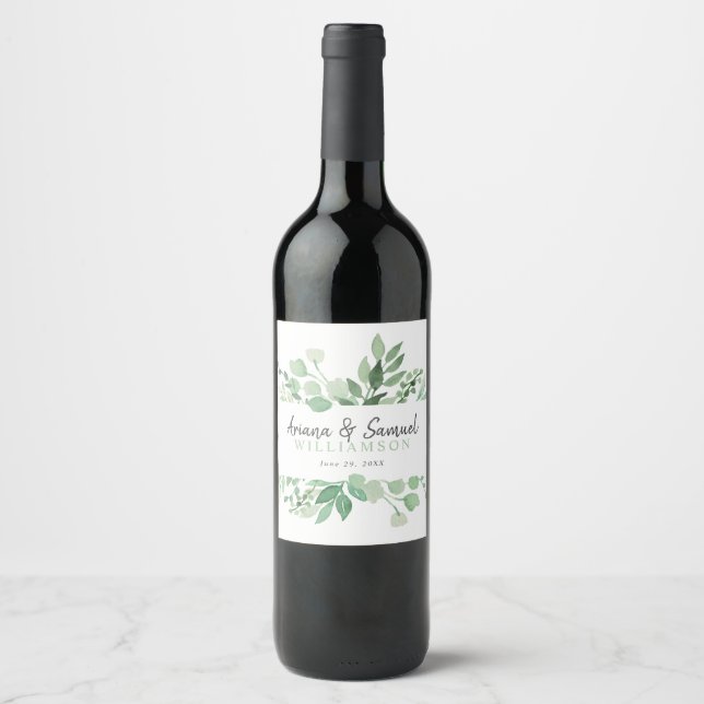 Étiquette Pour Bouteilles De Vin Étiquette de vin de mariage avec verdure luxuriant (Devant)