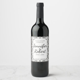 Étiquette Pour Bouteilles De Vin Étiquette de vin de mariage en damassé noir et bla