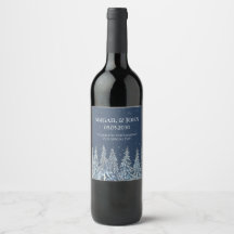 Étiquette de vin de mariage en forêt enneigée rust