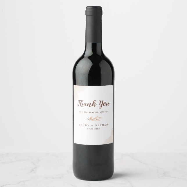 Étiquette Pour Bouteilles De Vin Étiquette de vin de mariage feuille boho beige (Devant)