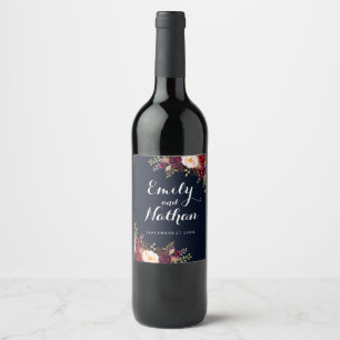 Étiquette Pour Bouteilles De Vin Étiquette de vin de mariage floral Navy Bourgogne 