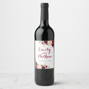 Étiquette Pour Bouteilles De Vin Étiquette de vin de mariage floral rouge Bourgogne