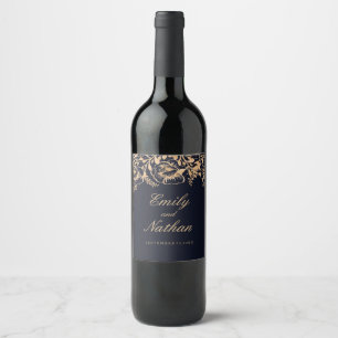 Étiquette Pour Bouteilles De Vin Étiquette de vin de mariage florale Navy Or Vintag
