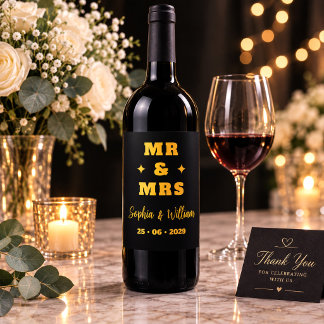 Étiquette Pour Bouteilles De Vin Étiquette de vin de mariage M. et Mme noir et or