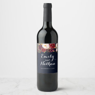 Étiquette Pour Bouteilles De Vin Étiquette de vin de mariage Navy Bourgogne Floral 