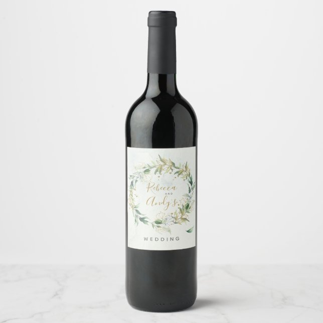 Étiquette Pour Bouteilles De Vin Étiquette de vin Gold et Greenery, mariage boho (Devant)
