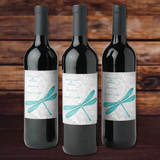 Étiquette Pour Bouteilles De Vin Étiquette de vin Mariage de libellule turquoise (Teal Dragonfly Wedding Wine Label)