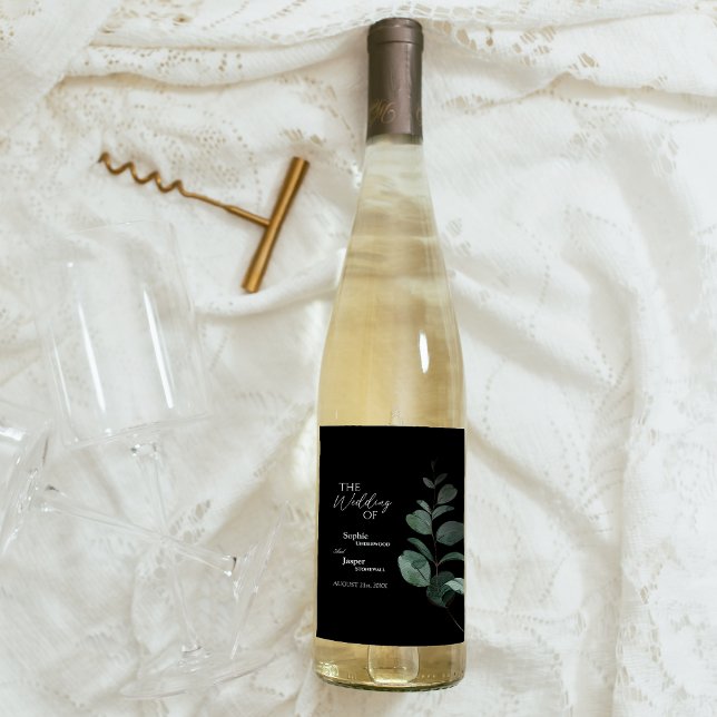 Étiquette Pour Bouteilles De Vin Étiquette de vin Mariage noir moderne verdure (Créateur téléchargé)