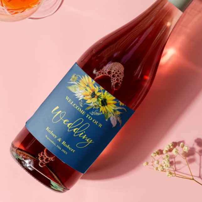 Étiquette Pour Bouteilles De Vin Étiquette de vin Mariage Sunflower bleu (Créateur téléchargé)