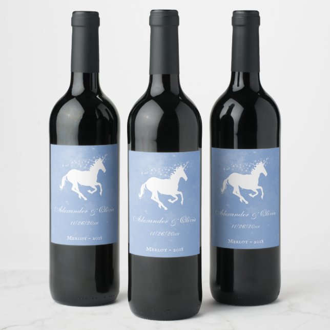 Étiquette Pour Bouteilles De Vin Étiquette de vin Mariage Unicorne Bleu (Bouteilles)