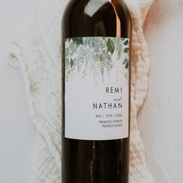 Étiquette Pour Bouteilles De Vin Étiquette de vin Mariage verdoyant et feuille d'or (Créateur téléchargé)