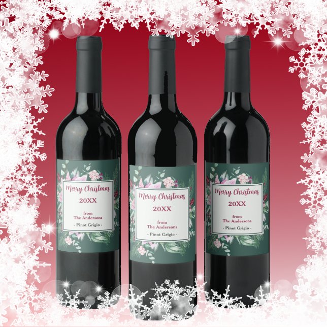 Étiquette Pour Bouteilles De Vin Étiquette de vin rose et vert de Noël (Créateur téléchargé)