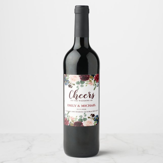 Étiquette Pour Bouteilles De Vin Étiquette mariage Boho Rustique Floral de la Marin (Devant)