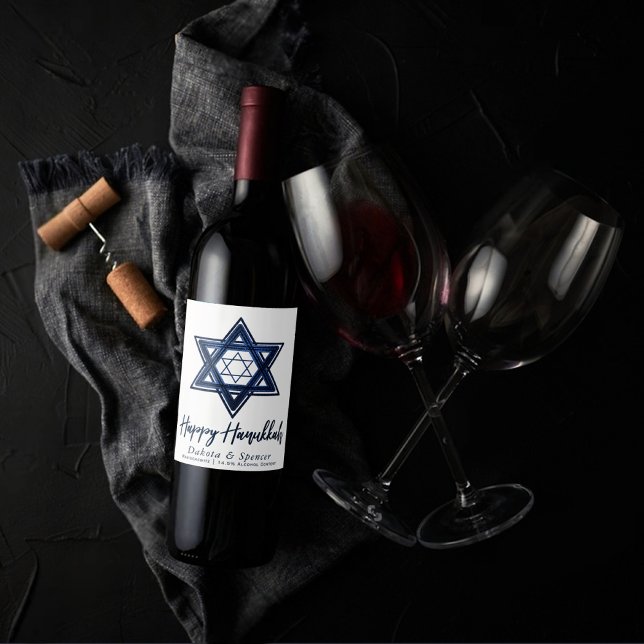 Étiquette Pour Bouteilles De Vin Étoile de David | Classic Blue Modern Happy Hanouk (Créateur téléchargé)