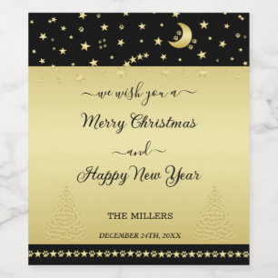Étiquette Pour Bouteilles De Vin Etoiles de Noël brillantes or, pattes sur or et no