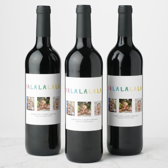 Étiquette Pour Bouteilles De Vin Fa La La Christmas 3 Photo Collage Cute Pastel (Bouteilles)