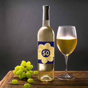 Étiquette Pour Bouteilles De Vin Fabuleux 50e anniversaire bleu et jaune floral