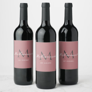 Étiquette Pour Bouteilles De Vin Famille de monogramme élégant Dusty Rose Script