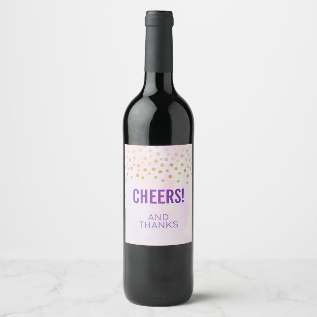 Étiquette Pour Bouteilles De Vin Faux Gold Confetti sur Purple Cheers et Merci (Devant)