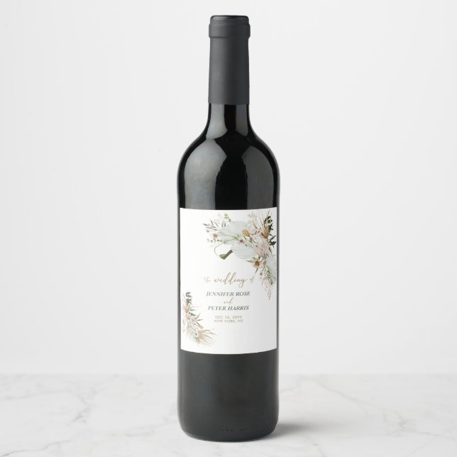 Étiquette Pour Bouteilles De Vin Faveur de mariage bohème botanique verte et or (Devant)