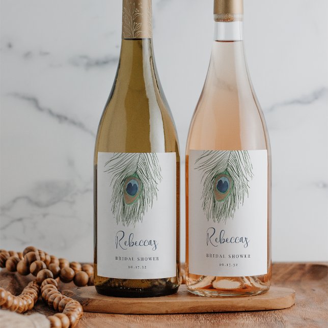 Étiquette Pour Bouteilles De Vin Faveur de mariage de plumes de paon à l'aquarelle (Créateur téléchargé)