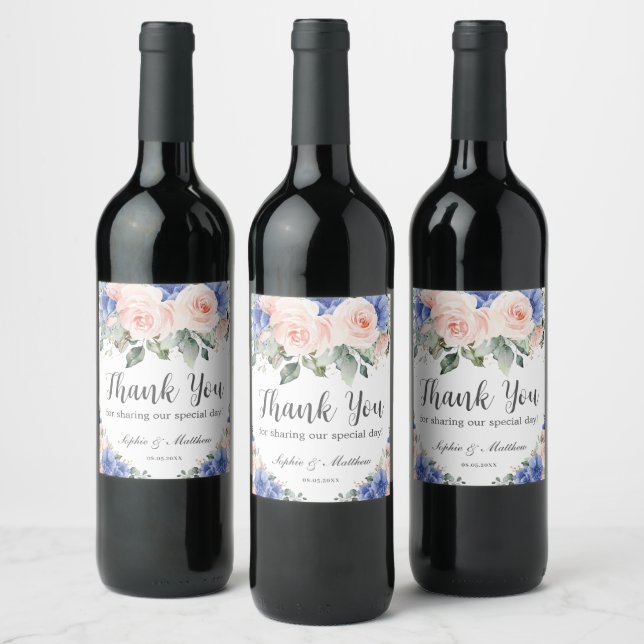 Étiquette Pour Bouteilles De Vin Faveur de mariage floral rose bleu Merci (Bouteilles)