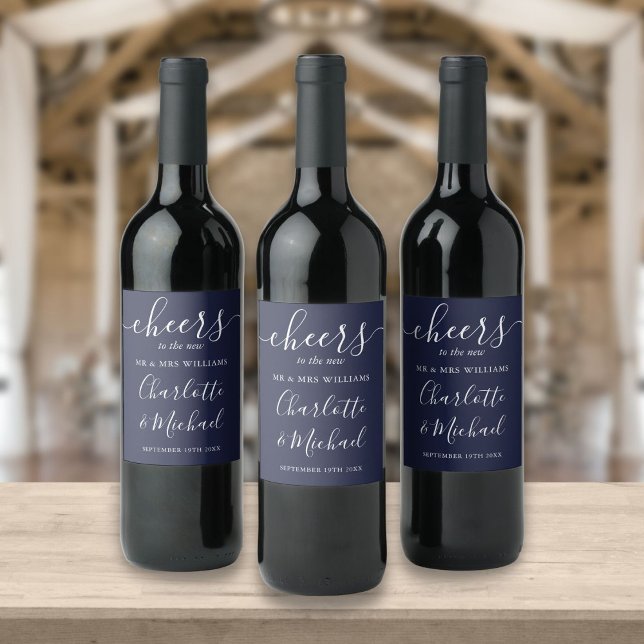 Étiquette Pour Bouteilles De Vin Félicitations à M. et Mme. Script mariage bleu mar (Créateur téléchargé)