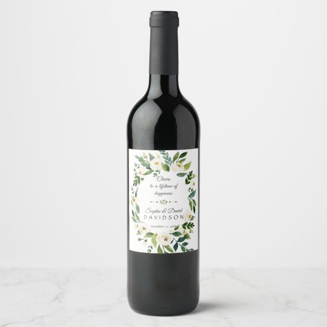 Étiquette Pour Bouteilles De Vin Félicitations Couronne Fleurie Verte Blanche Maria (Devant)