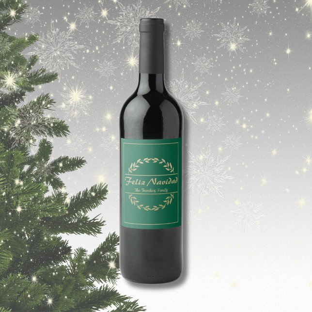 Étiquette Pour Bouteilles De Vin Feliz Navidad Christmas Golden & Green (Spanish feliz navidad, wine label, custom text, family name. Con Jesus en el camino)