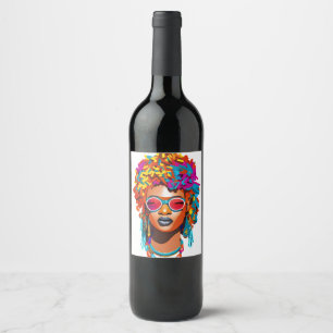 Étiquette Pour Bouteilles De Vin Femme afro avec lunettes de soleil, pop art coloré